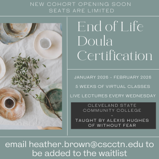 A promotional graphic for an End of Life Doula Certification course. The design features a soft green and neutral color palette.